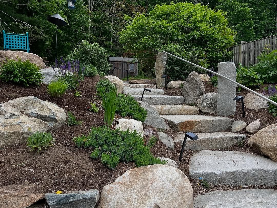 Stone garden path with steps and greenery